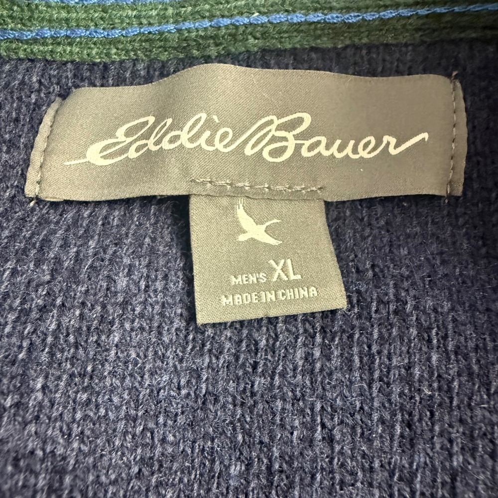 Eddie Bauer Mens Quarter Zip Sweater Navy Blue Gray‎ Stripe Wool Blend XL - Picture 5 of 8